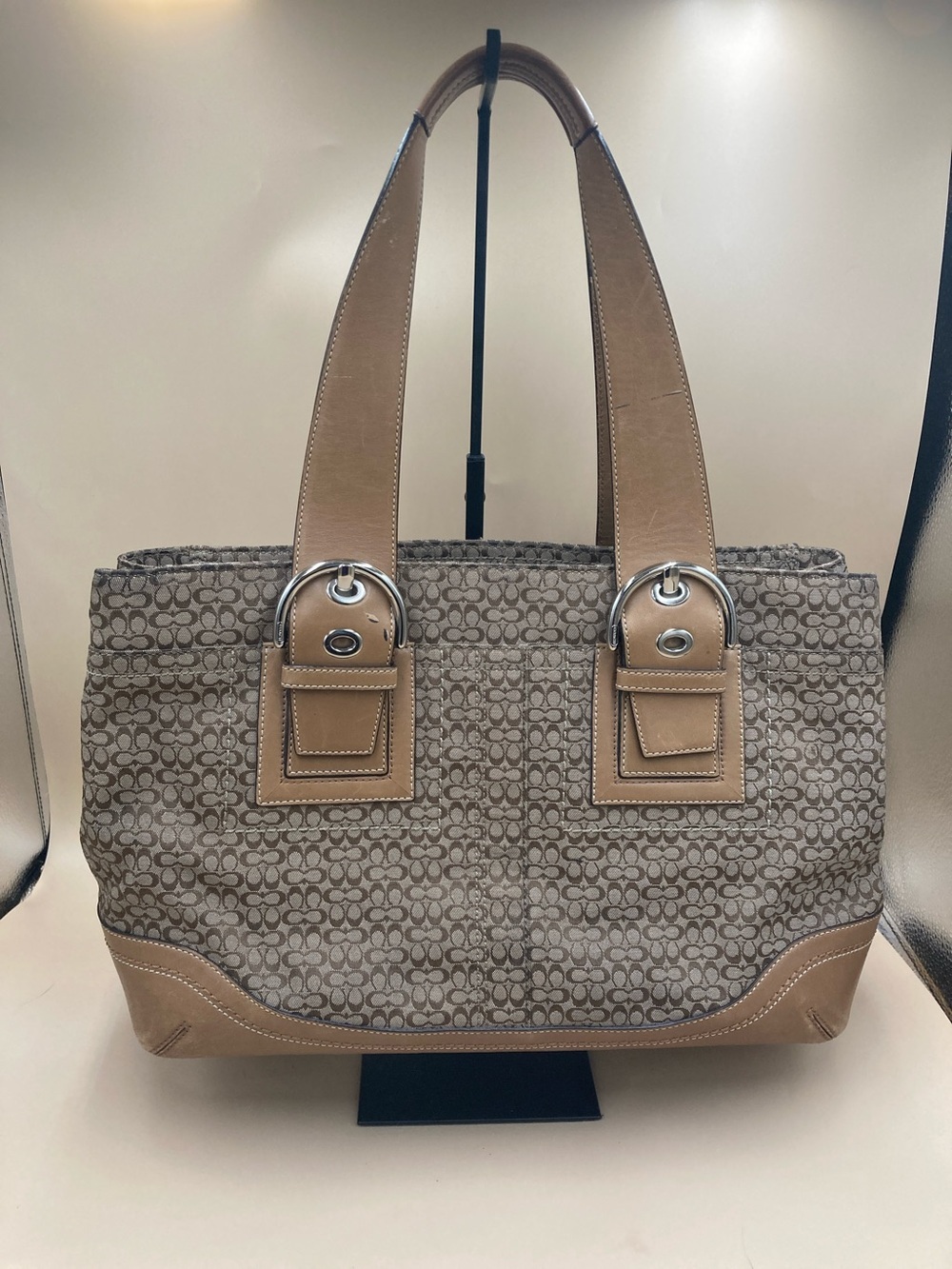 Coach Beige Monogram Tote with Tan Leather Trim